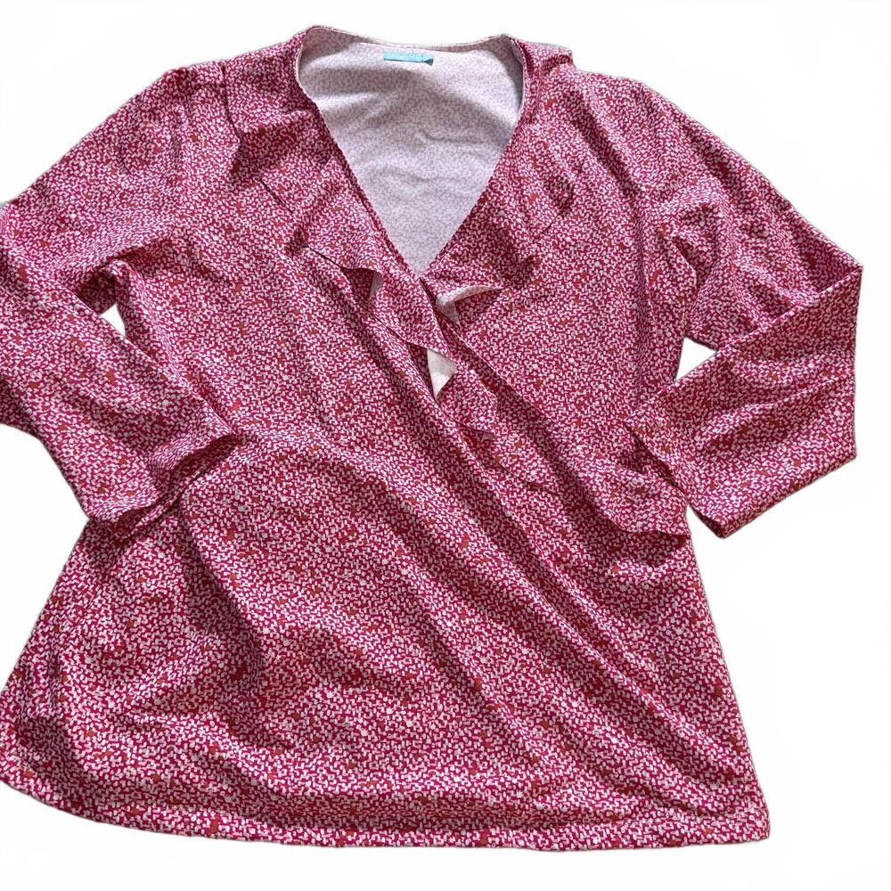 J. McLAUGHLIN Wms SZ‎ L Pink/white Wrap Ruffled Shirt Nylon/Spandex Cottage Core